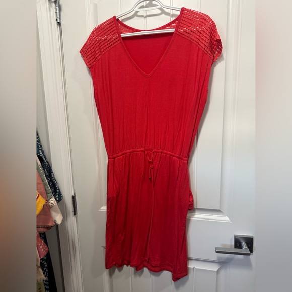 Red/ pink  V-Neck Dress with Crochet Shoulders xs to medium  Calvin Klein - Picture 1 of 4